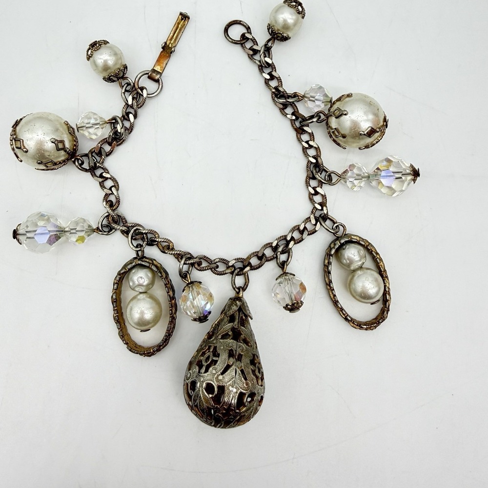 Vintage Charm Bracelet‎ Dangling AB Crystal Faux Pearl Ball Filigree Read
